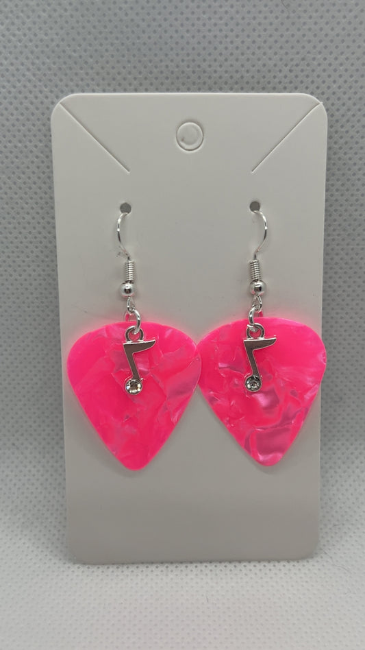 Pink Guitar Pick Earrings with Eighth Note Charms