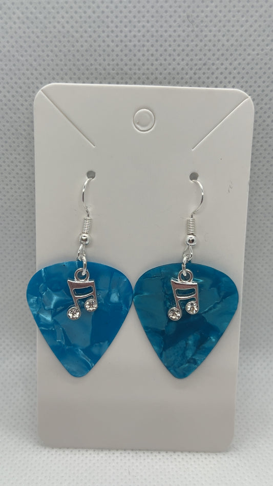 Light Blue Guitar Pick Earrings with Sixteenth Note Charms
