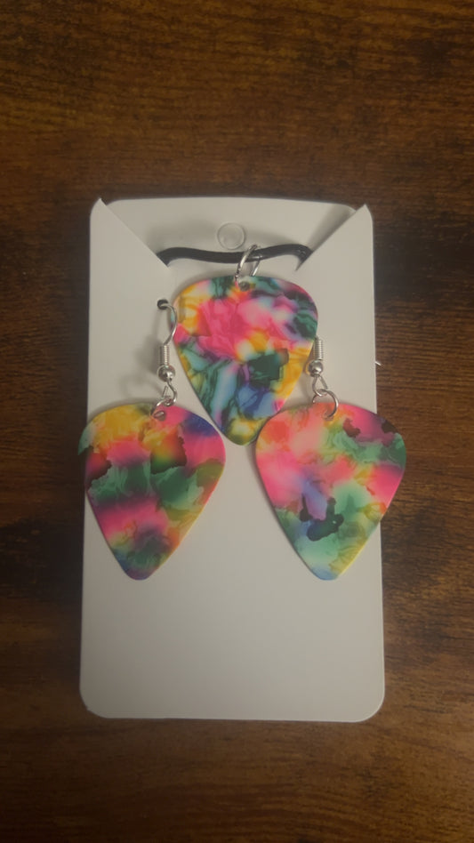 Tie-Dye Guitar Pick Necklace and Earring set