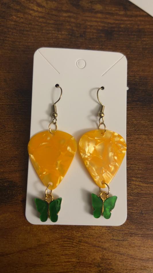 Yellow Guitar Pick Earrings with Green Butterfly charms