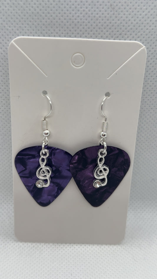 Purple Guitar Pick Earrings with treble Clef Charms