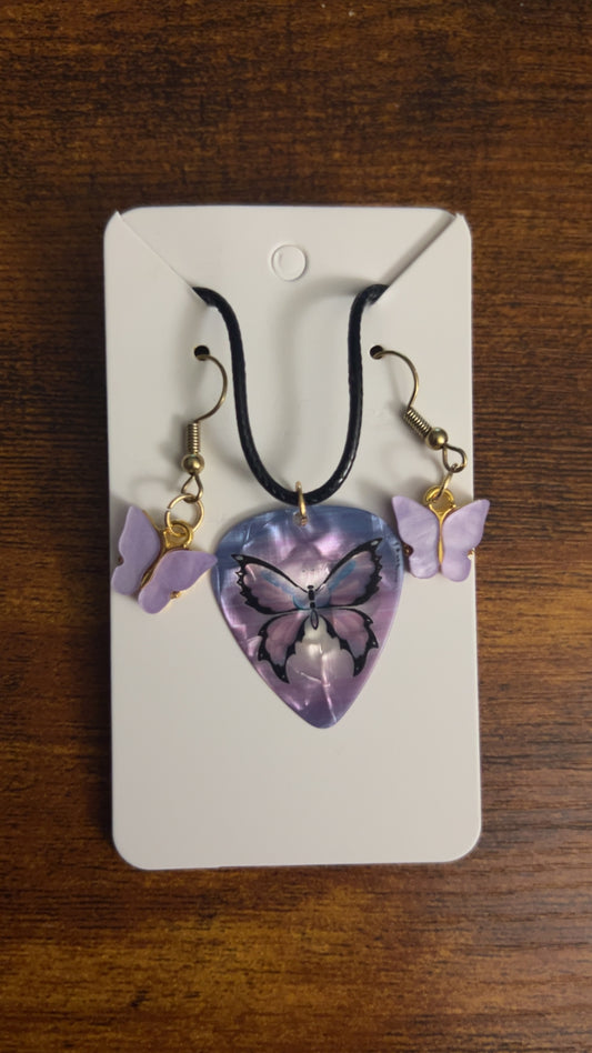 Butterfly Guitar Pick Necklace & Earring Set